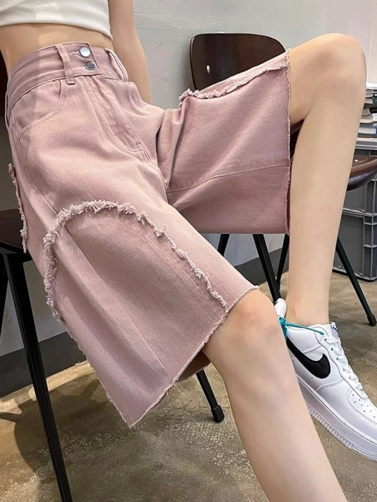 

Cowboy shorts women's five-point A-line pants women's new high waisted wide leg big foot over knee wide leg pants