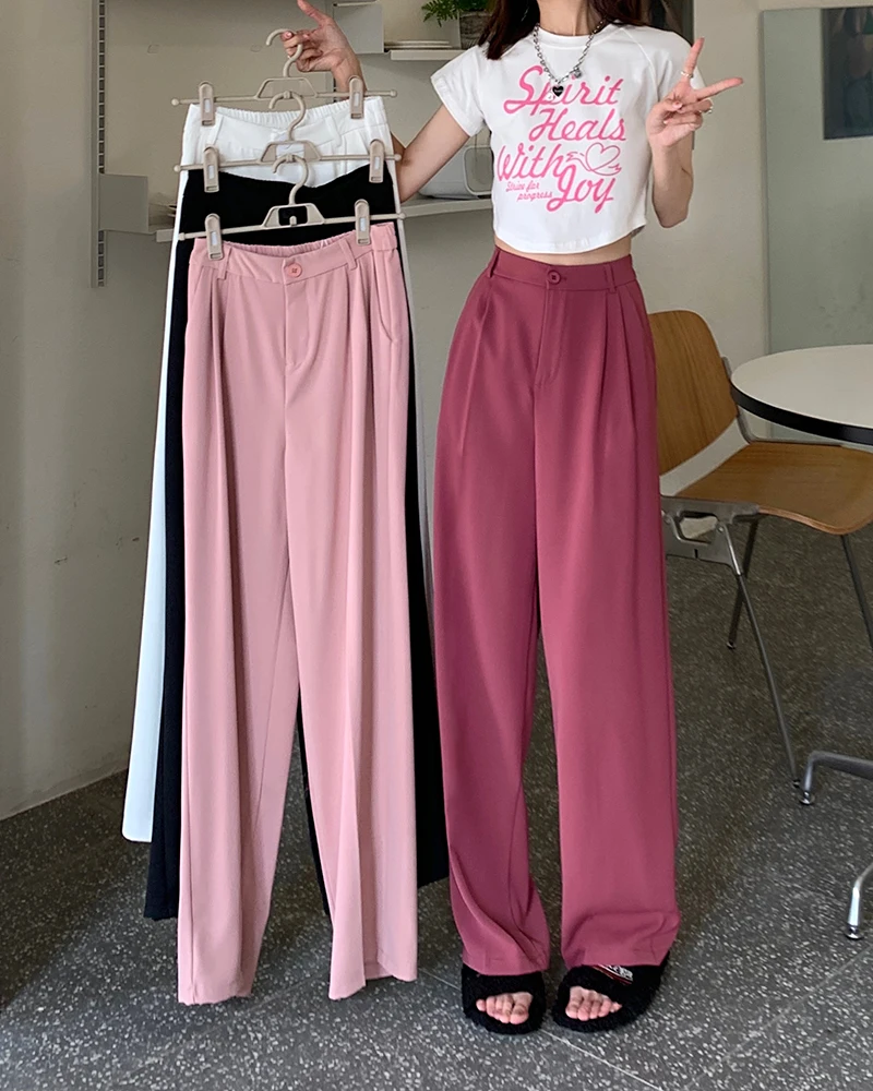 

S-XL 4colors korean style suit straight trouser female spring 2024 Summer high waist Wide Leg long pants womens (73037)