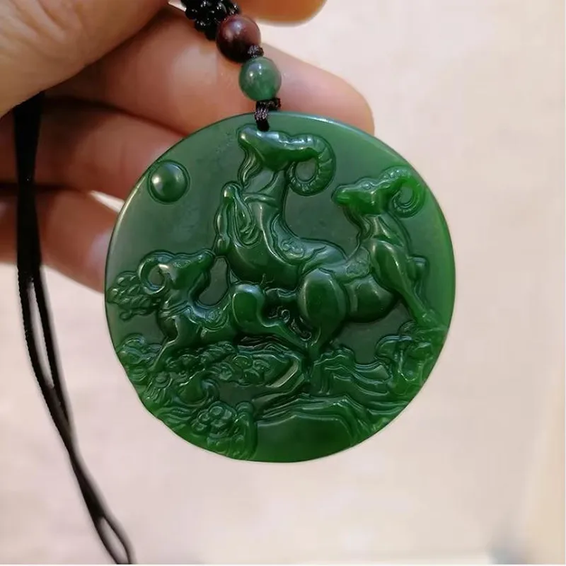 

Natural Green Hand Carved Goat Jade Pendant Fashion Boutique Jewelry Men's and Women's Sanyang Kaitai Necklace Gift Accessories