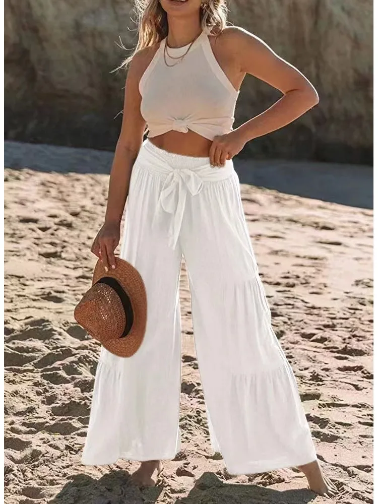 

Fashion Temperament Solid Color Long Pants Women Folds Leace-up High Waist Loose Wide Legs Trousers Ladies Casual Wide Leg Pants