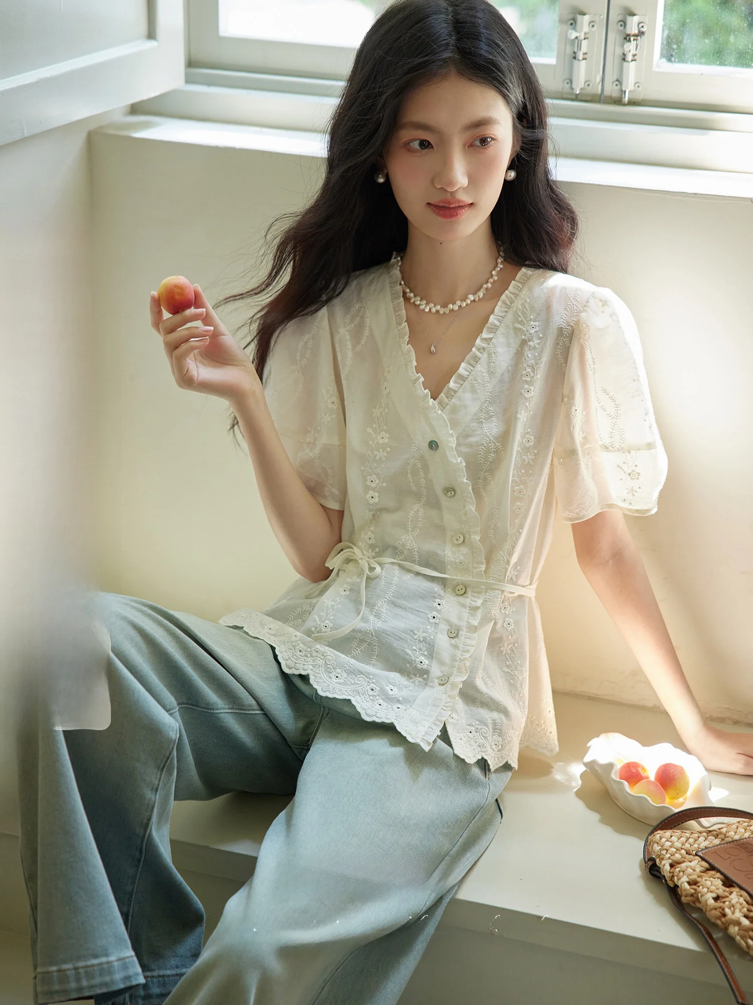 

Ele ORWhite Women's ort Sve irt Slimming Cotton V-Ne Button-Up Vintage Sle Faionable Commute Wear