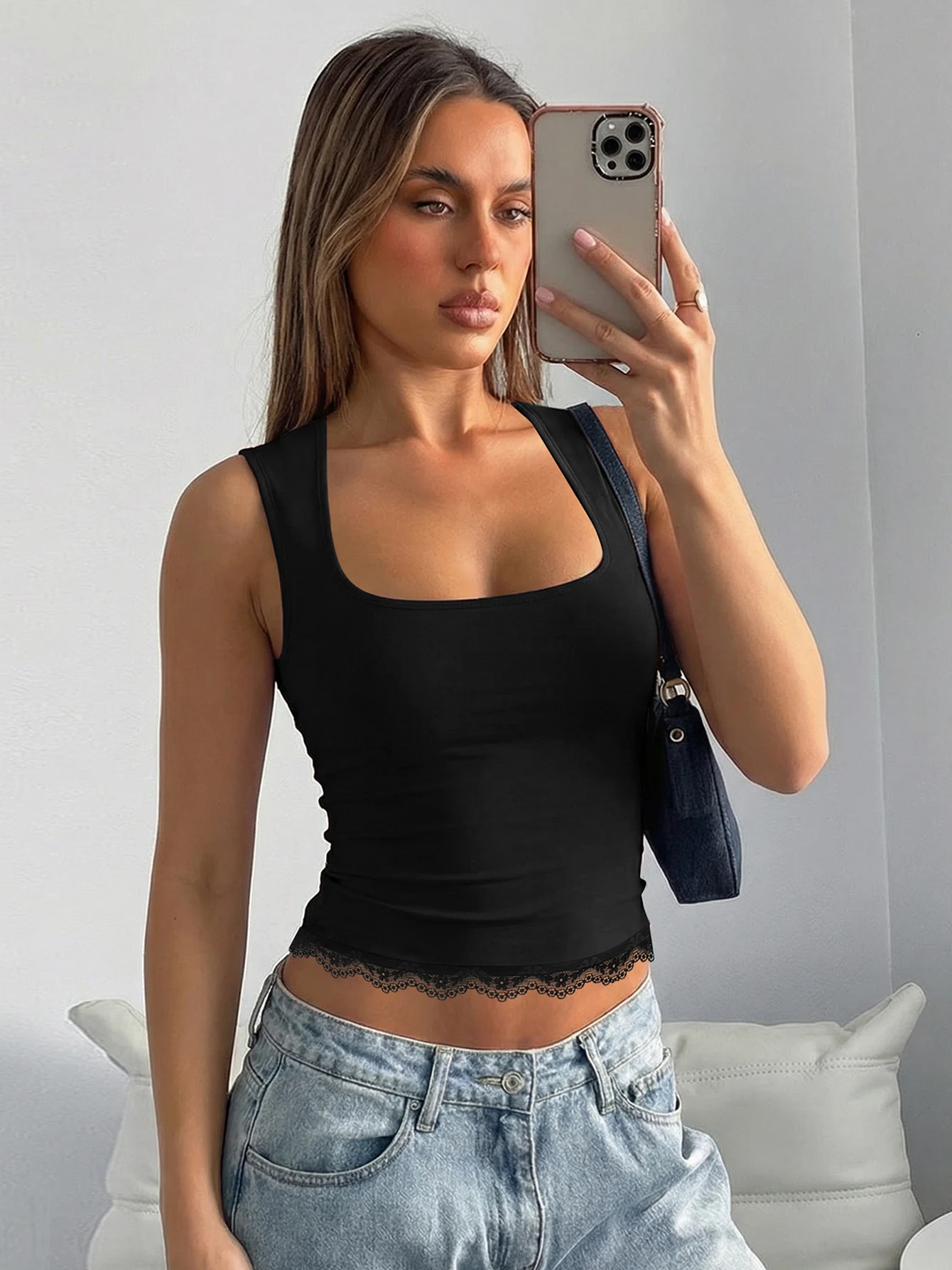 Hugcitar Fashion Solid Square Kragen Patchwork Spitze Sexy Schlank Crop Tank Top Frühling Sommer Frauen Kleidung Festival Streetwear Club