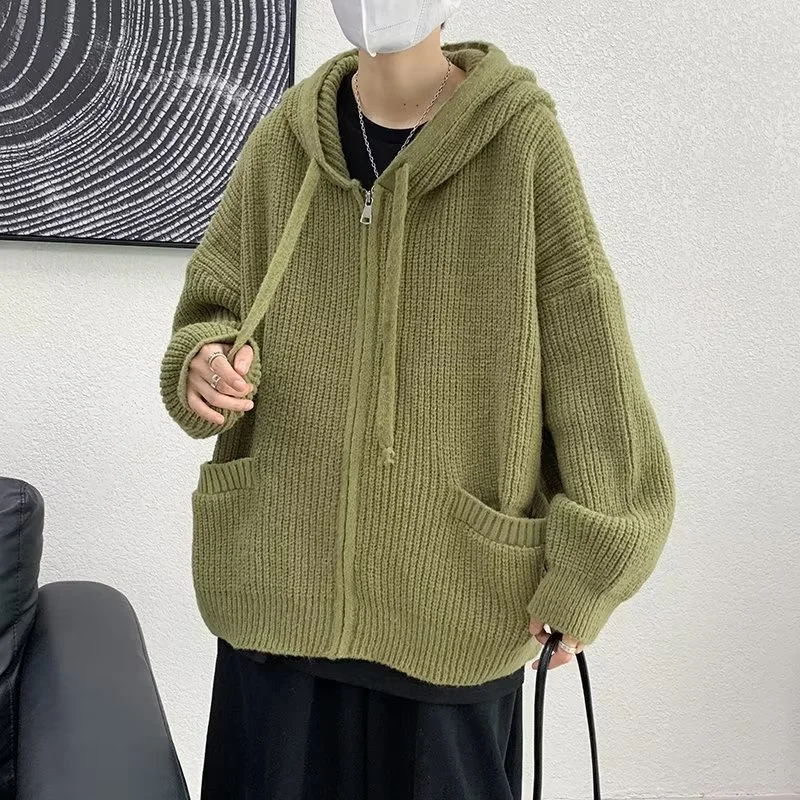 2023 Solid Color Hoodies Cardigan Jackets For Men Autumn Y2K Vintage Streetwear Knitted Sweater Korean Fashion Knitwears Coat