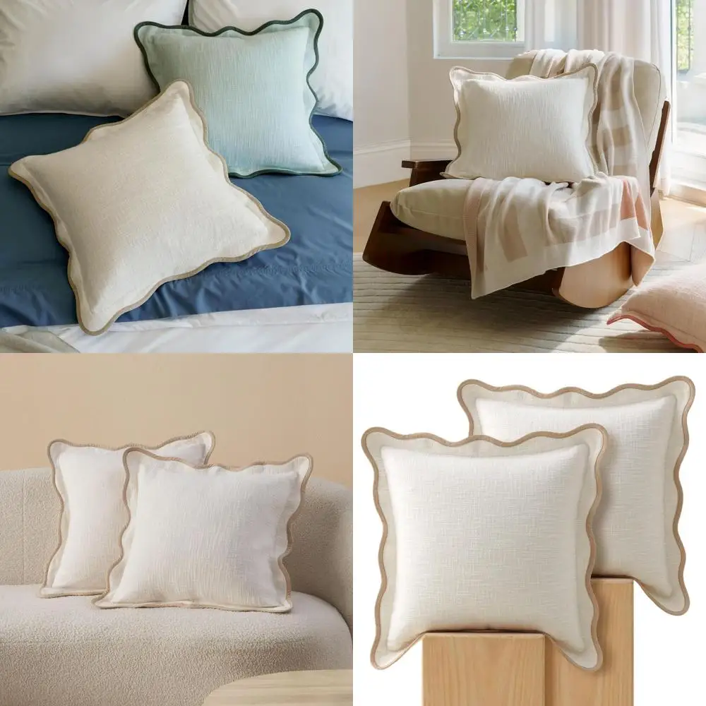 

100% Cotton Boho Style Scalloped Throw Pillow Covers, Set of 2, 20x20, Cream, Modern Decor for Couch, Living Room