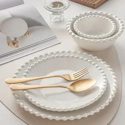 Ceramic Tableware Set Nordic Creative Pearls Beaded Edge Western Food Snack Plate Rice Bowl Soup Bowl Steak Plate Set Kitchen