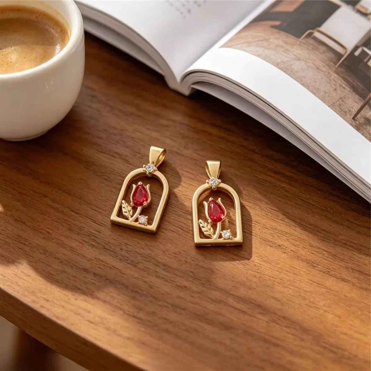 Brass 14K Real Gold Plated 9.3x19.2mm Micro Pave Zircon Window Sill Tulip Charms 1pcs DIY Bracelet Clavicle Necklace Findings