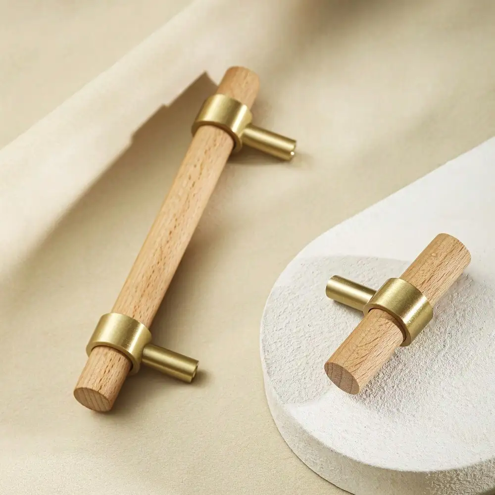 1 Piece Beech Wood Handle, Beech Wood + Brass Material, Modern Minimalist Cabinet Furniture Drawer Handle