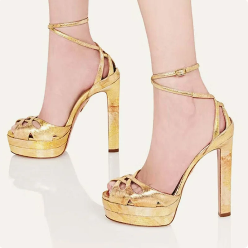 Metallic Gold Print Leather Platform Stiletto Heeled Pumps Cutout Ankle Strap Open Toe High Heels Party Evening Banquet Shoes