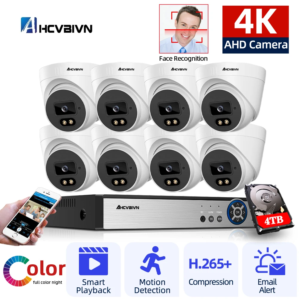 

4K 8 Channel DVR Kit Home AHD CCTV Camera Security System Kit Dome 8CH 8MP Face Detection Color Night Visin Surveillance Set 4CH