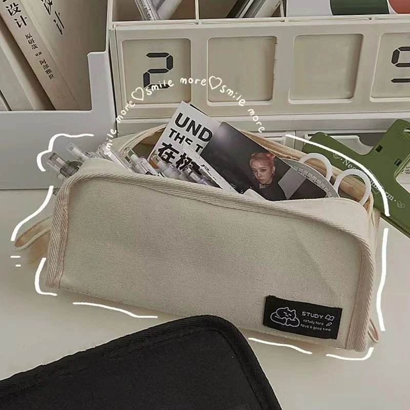 Simplicity Multifunctional Pencil Case Solid Color Canvas Pencil Bag High Capacity Stationery Storage Bag School Supplies