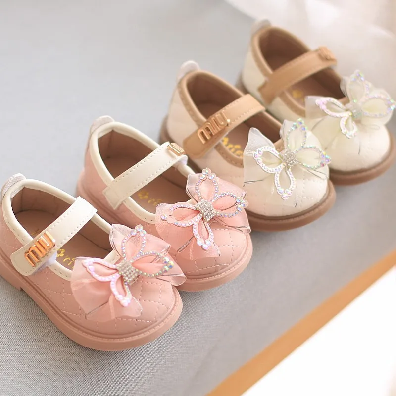 

2024 New Baby Girls Leather Shoes Autumn Bowknot Soft Princess Casual Flats Toddler Kids Fashion Plaid Anti-slip First Walkers