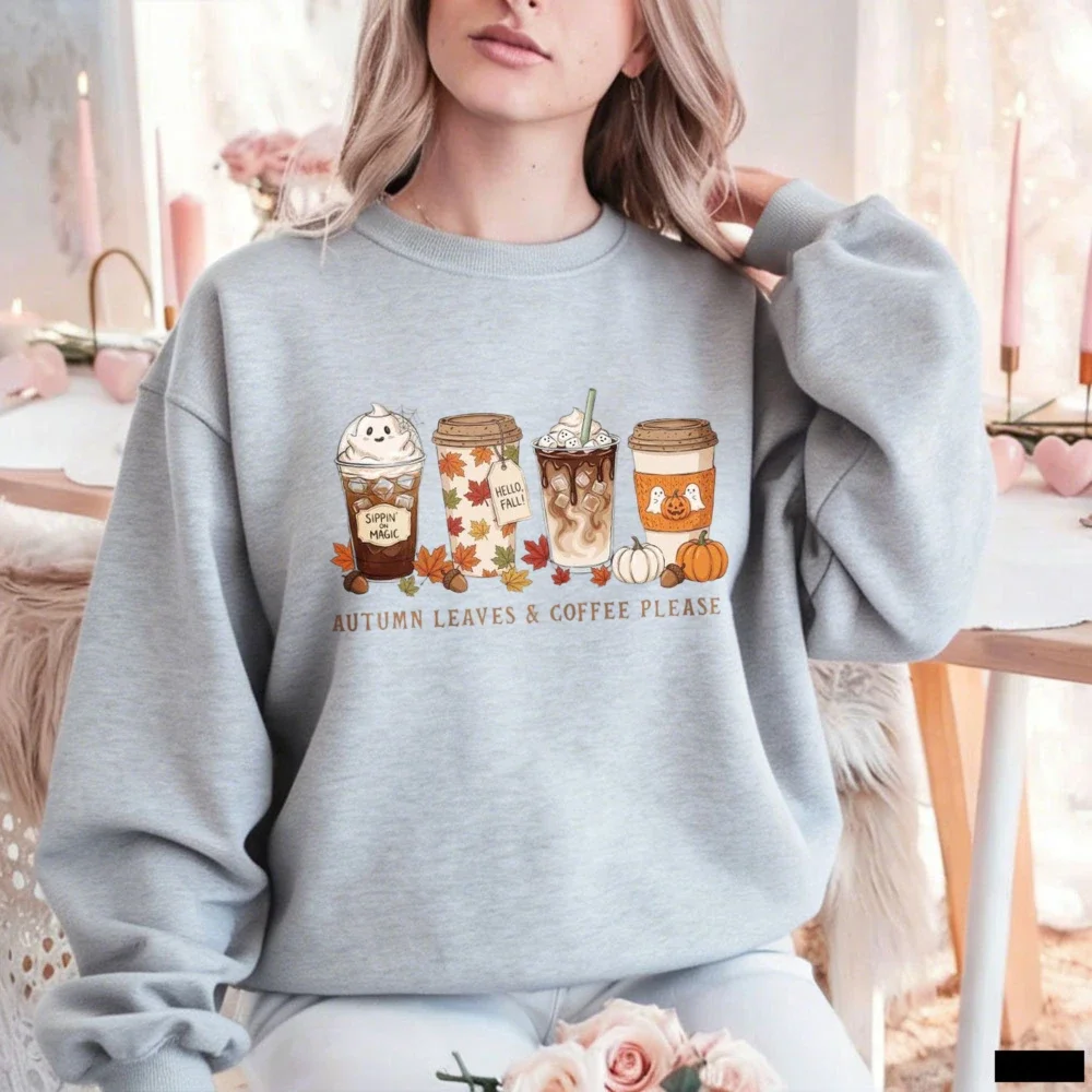 Retro Cozy Autumn Leaves and Coffee Please Sweatshirt Cute Fall Pumpkin Spice Latte Graphic Pullover Women Unisex Winter Top view 5