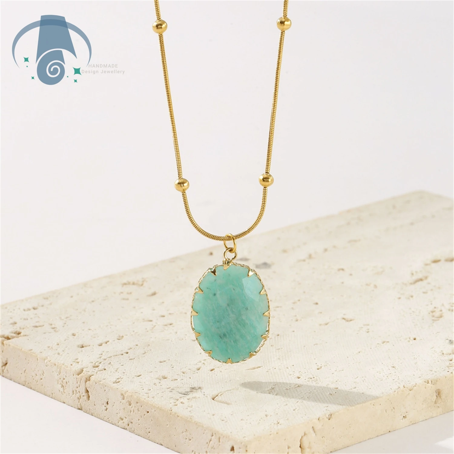 Titanium Steel Necklace 18K Gold Plated Natural Stone Pendant Womens Jewelry Luxury Retro Vintage Style Unisex Gift for Her