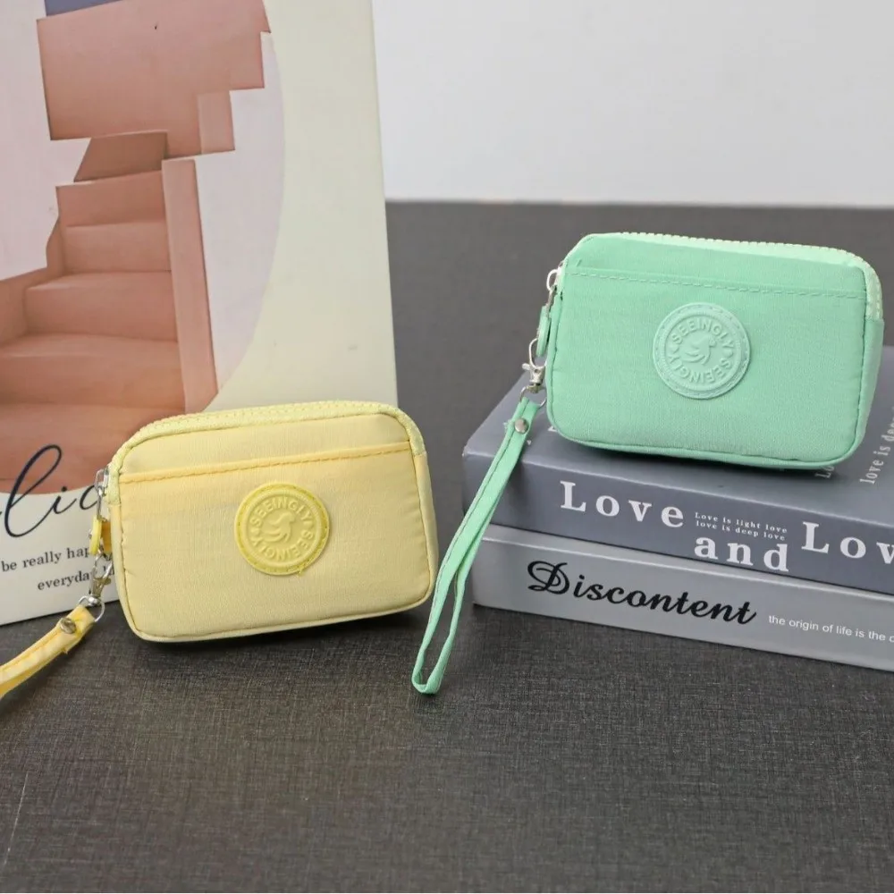 New Solid Color Women Wallet with Lanyard Double Layer Credit Card Holder Waterproof Nylon Coin Purse Ladies