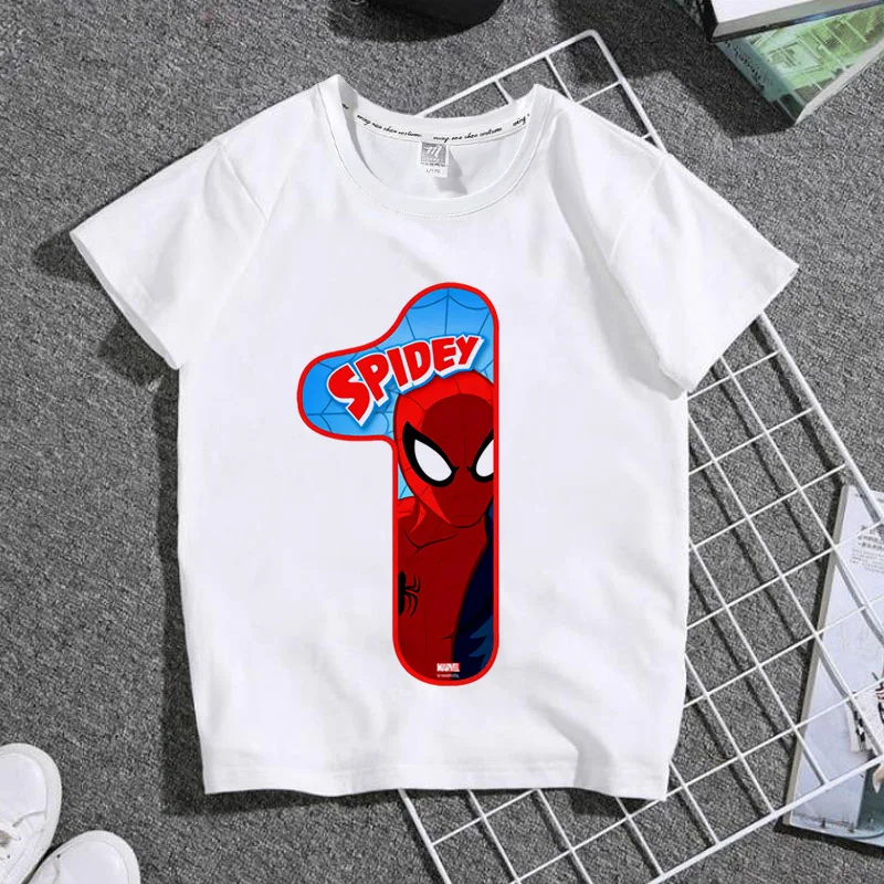 

New Spider Man Happy Birthday Number Cartoon T-shirt for Boys and Girls Cotton Printed T-shirt Personalized Children's Clothing