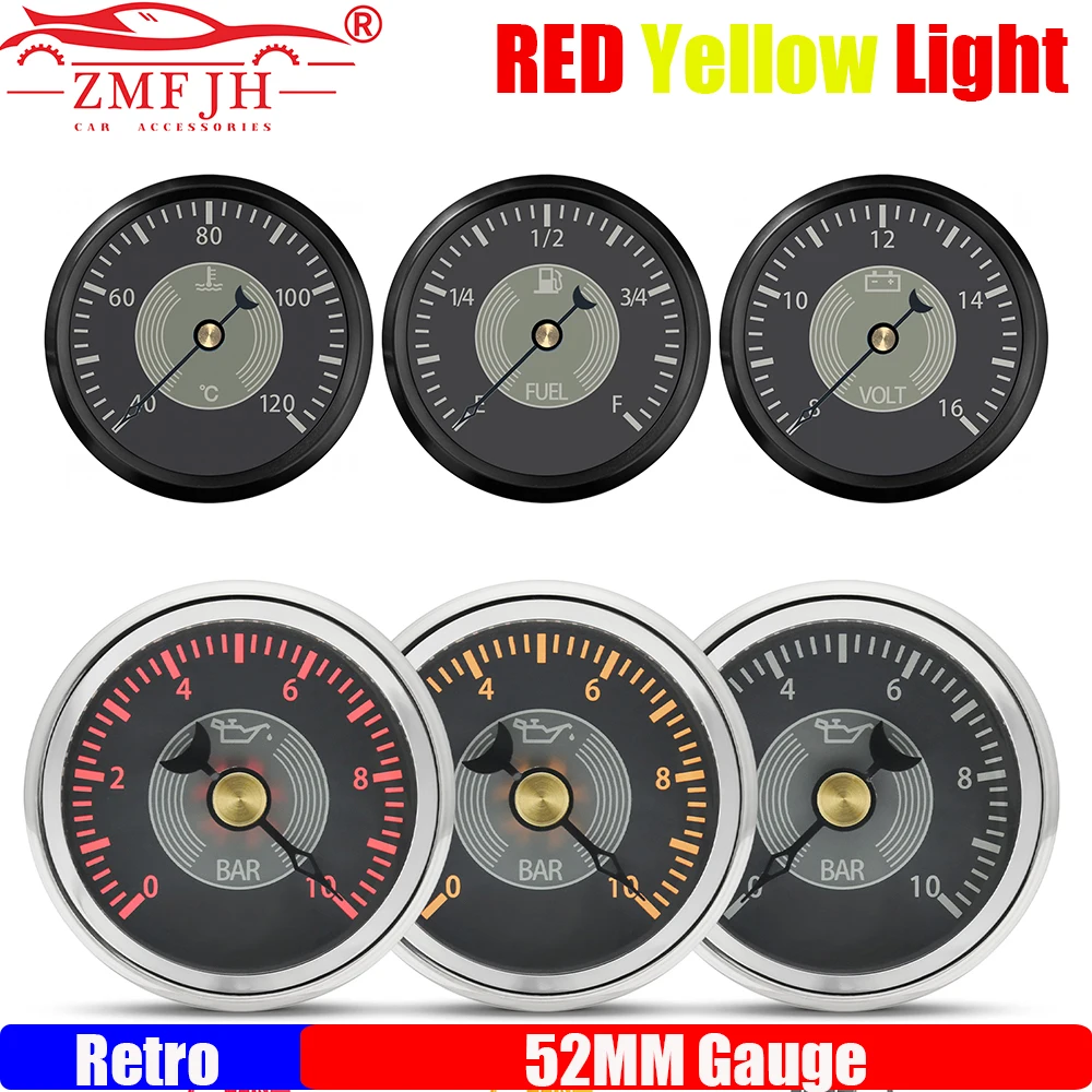 

ZMFJH Retro Pointer 52MM Gauge 0-190ohm Fuel Level Oil Pressure Water Temperature Voltage Red Yellow Light for Car Boat Yacht