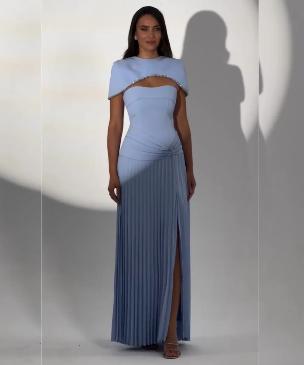 

Customized Formal Jersey Pleat Sequined Straight O-Neck Long Bespoke Occasion Evening Dresses High Quality