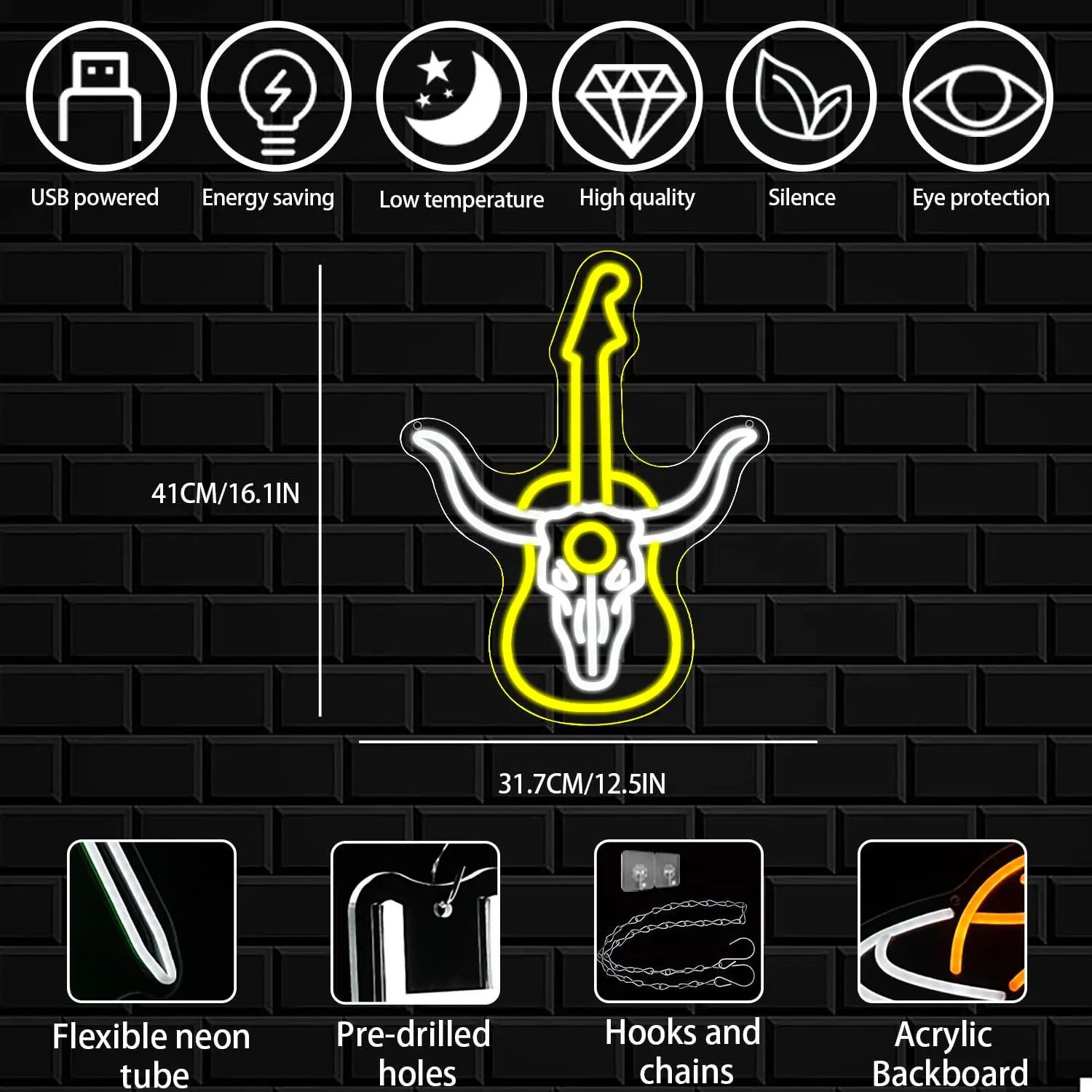 Longhorn Skull Guitar Neon Sign USB Dimmable LED Neon Light for Bedroom Living Room Music Studio Bar Halloween Decoration Gifts