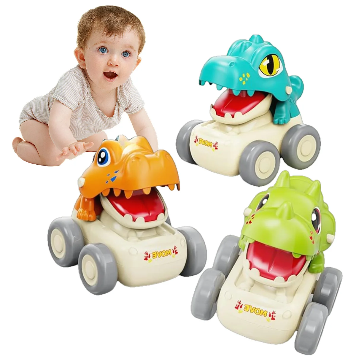 3PCS Attractive Dinosaur Cars for Toddlers，Perfect Educational ToyPush & Go Inertia vehicle set, birthday gift for toddlers