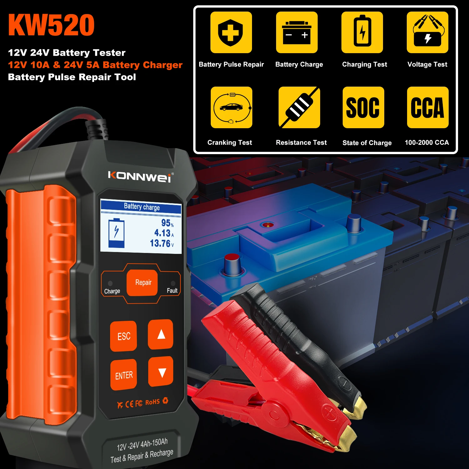 KONNWEI KW520 3 in 1 Automatic Car Truck Battery Tester 12V 10A 24V 5A Charger Lead Acid Car Battery Pulse Repair Tool AGM 2026