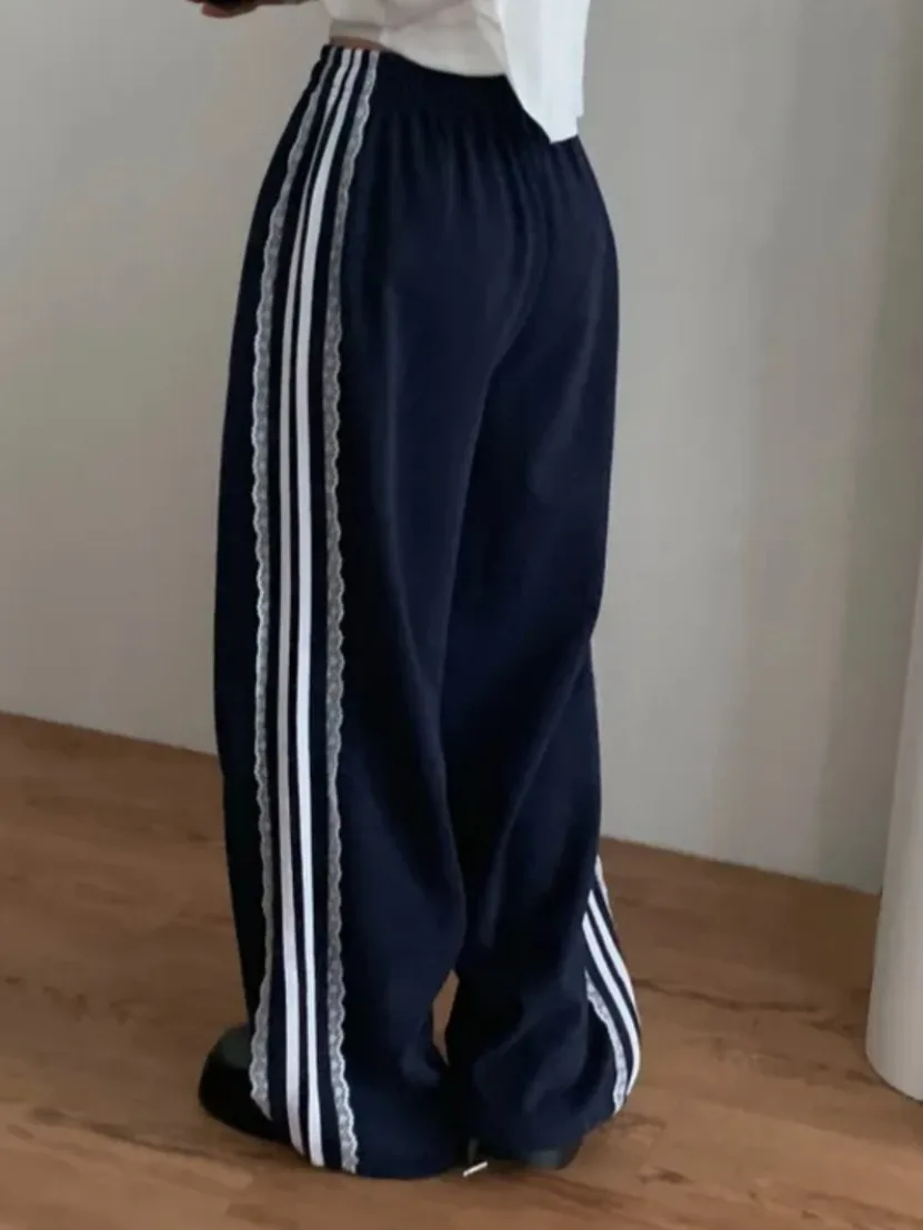 Coreano sle calças casuais femininas rendas guarnição emenda cintura elástica calças compridas versátil design de emagrecimento inverno novo sle