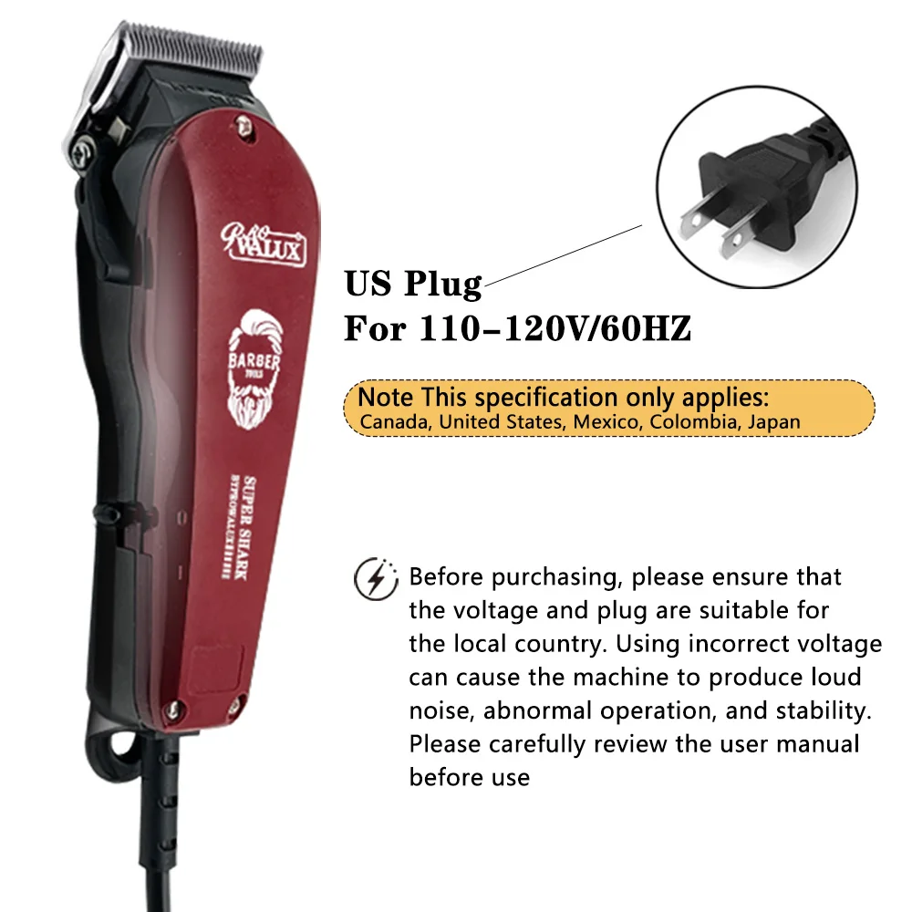 WALUX Professional Barber AC Hair Clipper 10W Powerful Trimmer Home Man Quiet Shaver 2M Cable Hair Cutting Machine 8 Guard Combs