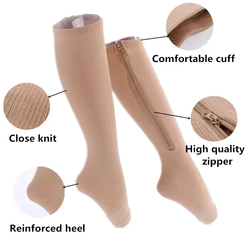 Zipper Compression Open Toe Stockings for Men and Women Calf Slimming Zip Leg Support Socks Female Solid High Socks Unisex