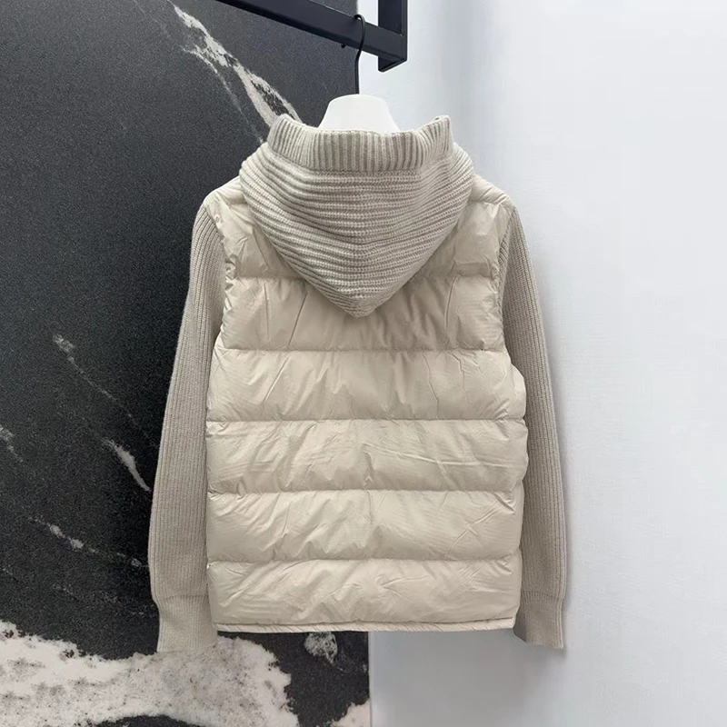 Dameswollen patchwork donsjack met capuchon, modieuze, casual en veelzijdige warme jas, hoge kwaliteit, herfst en winter,