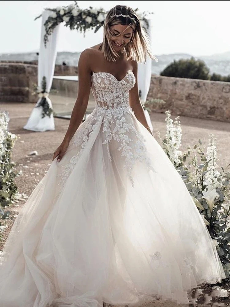 Beautiful Simple Backless A-Line Sexy Off Shoulder Sleeveless Mopping Wedding Dresses Lace Appliques Romantic Bridal Gown 2023