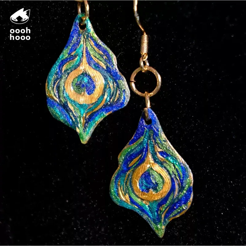 Universe Grocery Store Rock Color Earrings Peacock Feather Hook Hand-painted Earrings 925