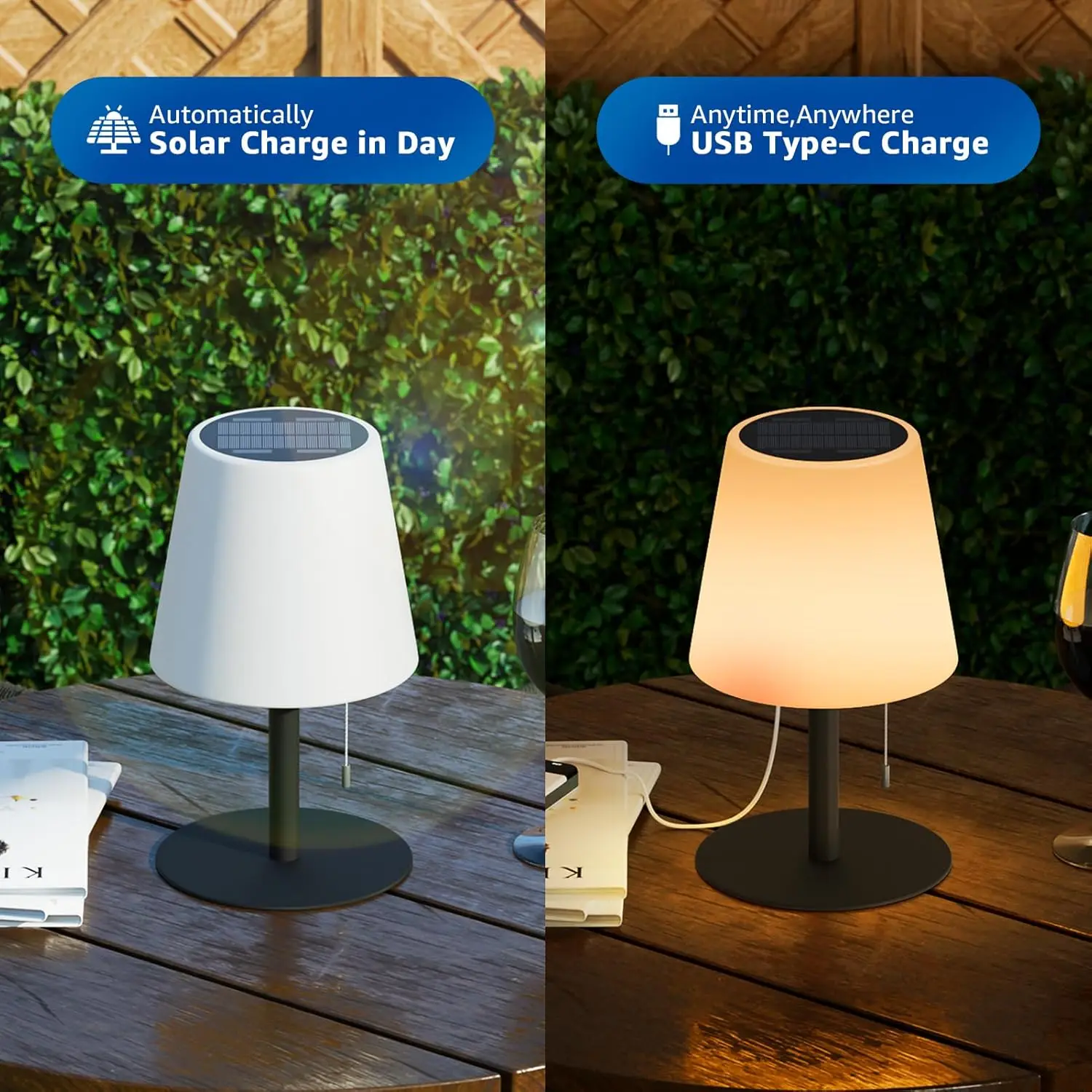 مصباح طاولة يعمل بالطاقة الشمسية، ضوء خارجي قابل لإعادة الشحن مع ألوان بيضاء دافئة وRGB، مقاوم للماء للفناء والشرفة - P #2