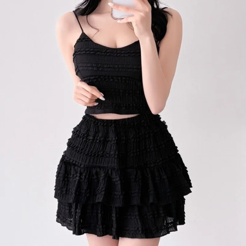 

Sweet Summer Anti-Aging Set Strap Vest High Waist Puffy Skirt Design Sense Two Piece Set Faionable Women's Ensemble