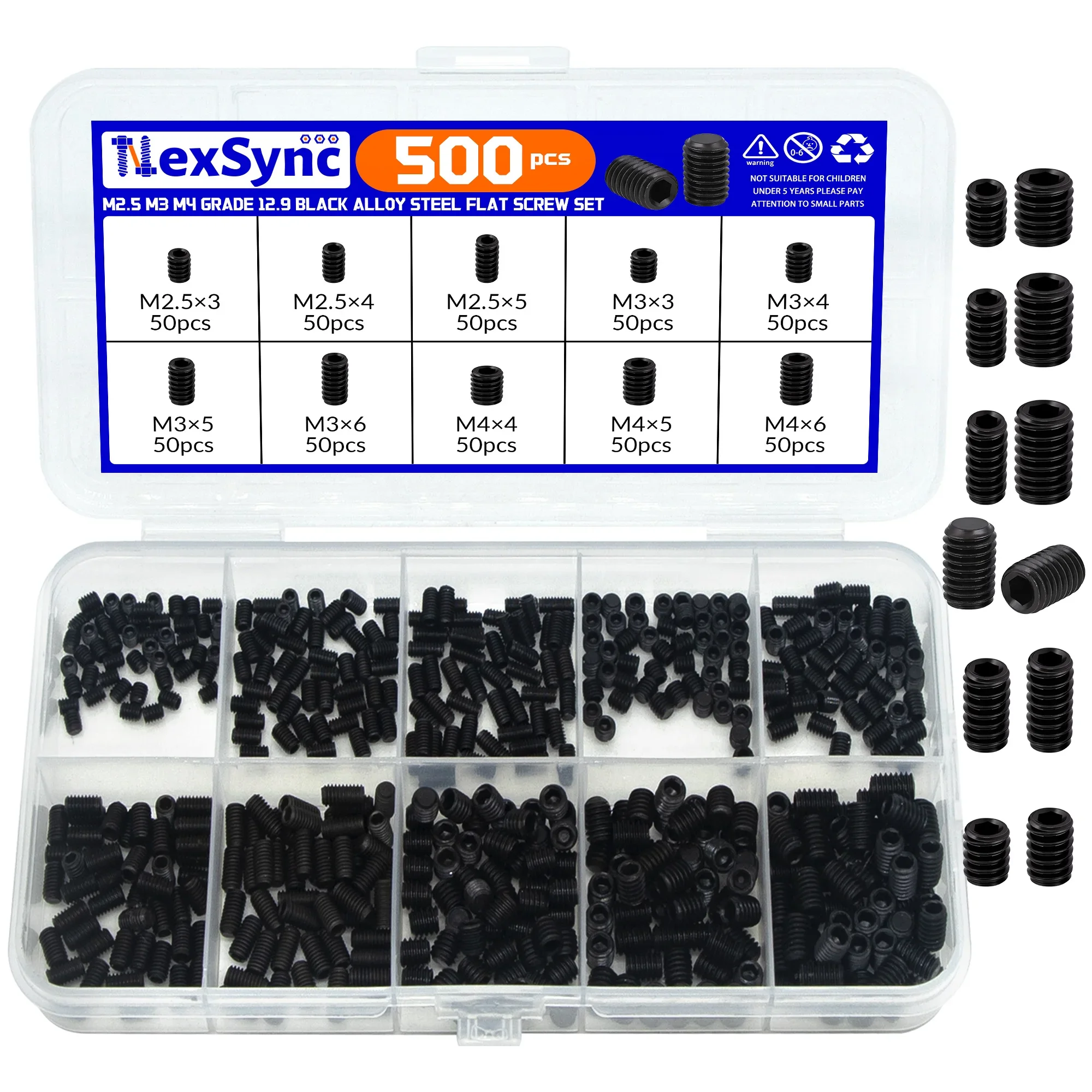 500/1500pcs Stainless Steel Black Hex Hexagon Socket Machinery Electronics Repair M2-M8 DIN916 304 Point Bolt Set Screw Kit Box