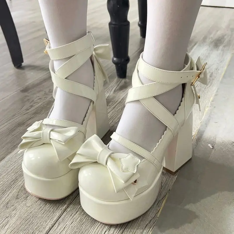 Lolita Shoes Women High Heels Shoes Woman Chunky Sandals Summer Mary Janes PU Leather Shoes Retro Bow Party Platform Pumps