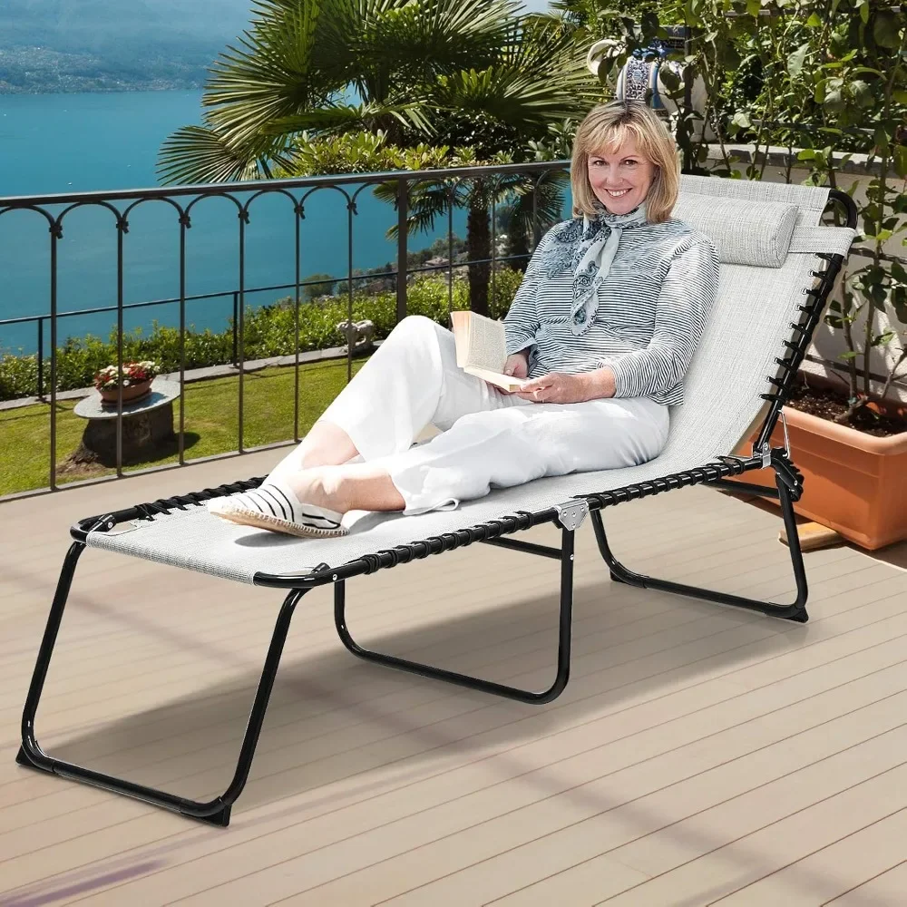 

Tanning Chair, Extra High Lounge with Pillow, Side Pocket & Adjustable Backrest – Folding Chaise Lounger Design