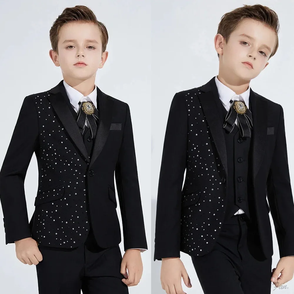 Boys Black 3 Piece Tuxedo Suit with Scattered Rhinestone Embellishments and Sparkly Brooch Bow Tie Formal Custom Made M264500