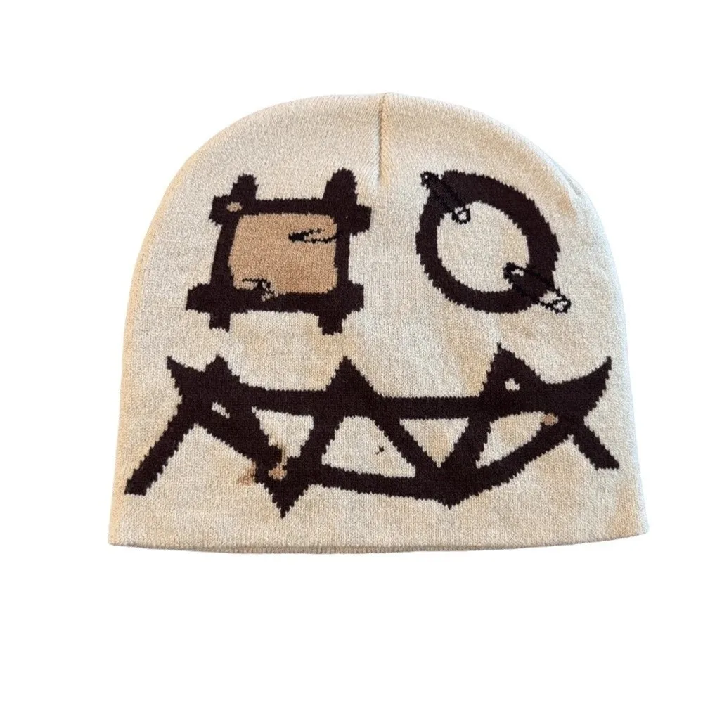 Printed Pattern Printed Pin Beanie Winter Warmth Acrylic Yarn Demon Face Hat High Elasticity Flat Design Hip Hop Knit Cap