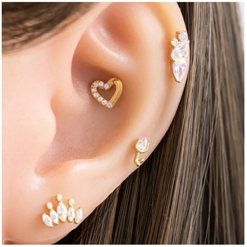 1 pieza G23 pendiente de titanio Piercing Labret oreja Stud corazón circón hélice Daith Tragus cartílago lóbulo Piercing joyería regalos