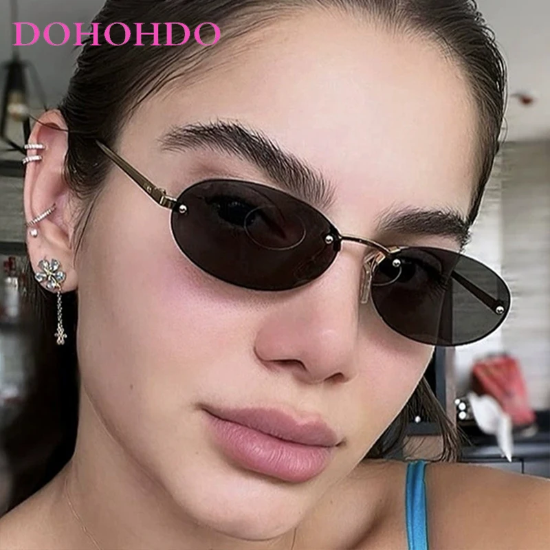 

Punk Y2K Small Oval Rimless Women's Sunglasses Luxury Brand Designer Metal Leg Men Sun Glasses Drive Travel Eyewear UV400 Lentes