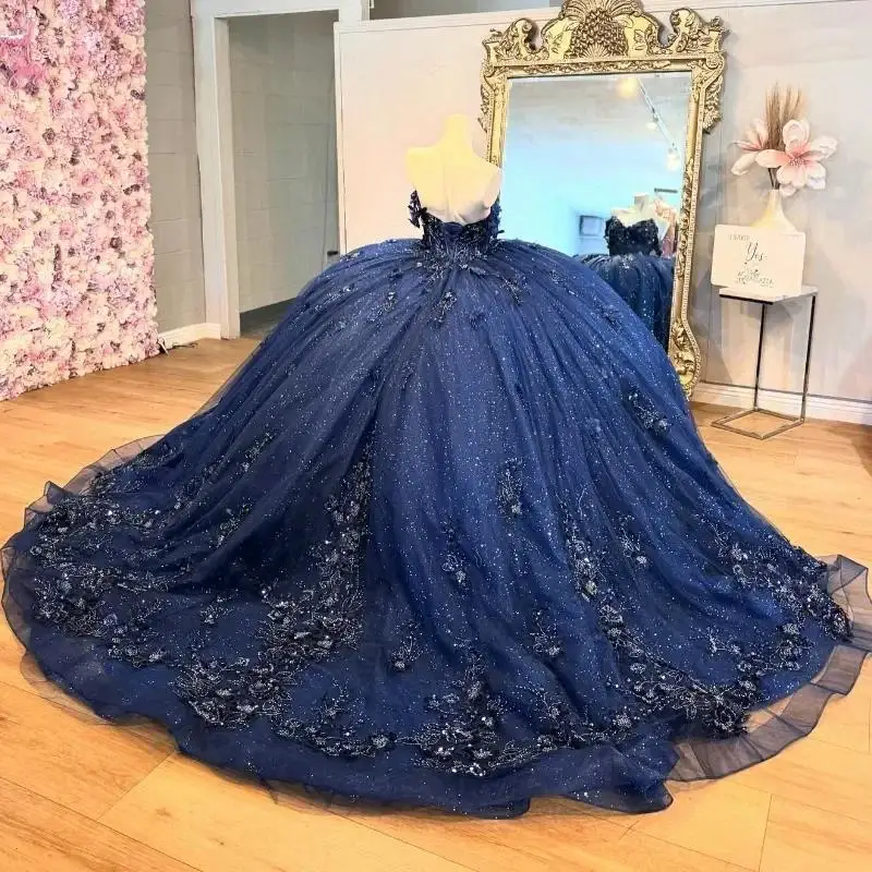 Customized Shiny Navy Blue Quinceanera Dresses Beading Flowers Lace Birthday Party Applique Princess Vestidos De 15 Anos