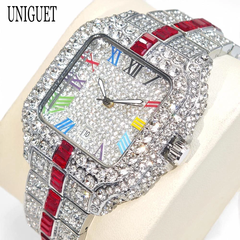 UNIGUET orologio con diamanti di lusso per uomo moda quadrante arcobaleno orologio al quarzo da uomo Hip Hop ghiacciato orologio da polso quadrato regalo maschile caldo