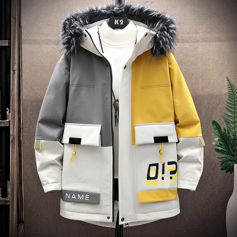 Pop Nice Winter Men's Parkas Thicken Cotton Padded Hooded Jackets With Removed Fur Collar Streetwear Warm Coat Tops Windbreaker