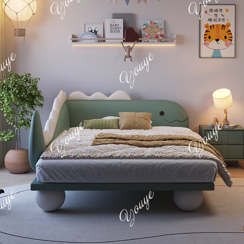 

Детская кровать J, подвесная, для мальчика, со светодиодной подсветкой и защитным бортиком, с мультяшным динозавром, для небольшой квартиры, из натуральной кожи и массива дерева, 1,3 метра