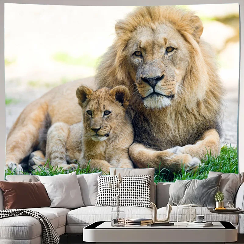 Luxury Safari Lion Pair Tapestry Wall Hanging Jungle Wildlife Photo Print Bohemian Nursery Decor Backdrop for Living Room Bedroo