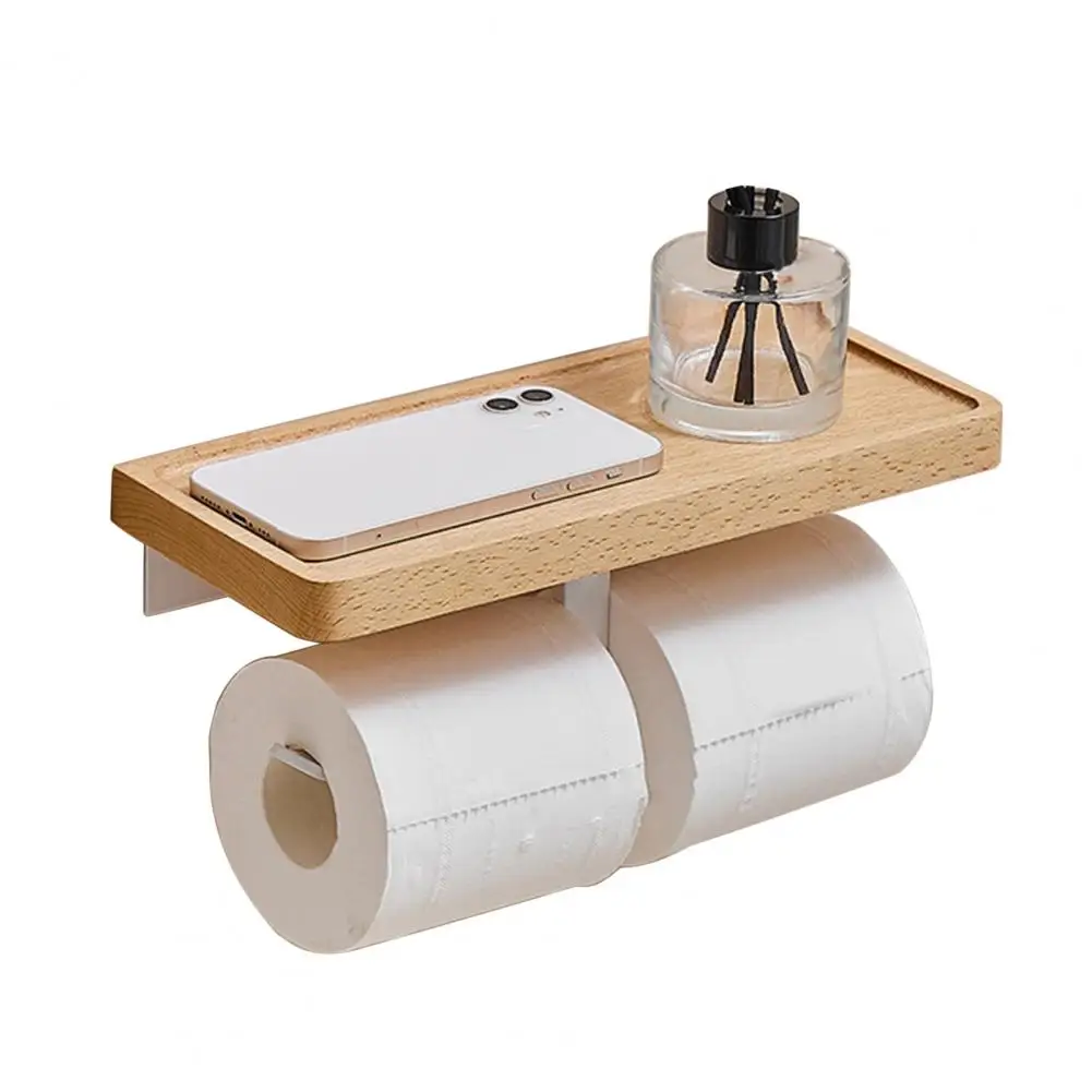 Tissue Stand Wooden Tissue Rack Waterproof Bathroom 2-in-1 Sundries Shelf Storage Toilet Paper Holder Space-saving