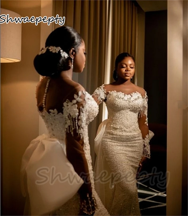 2 In 1 Sequined Mermaid Wedding Dress With Detachable Skirt Illusion Long Sleeves Customized African Bride Wedding Gown Bow Back