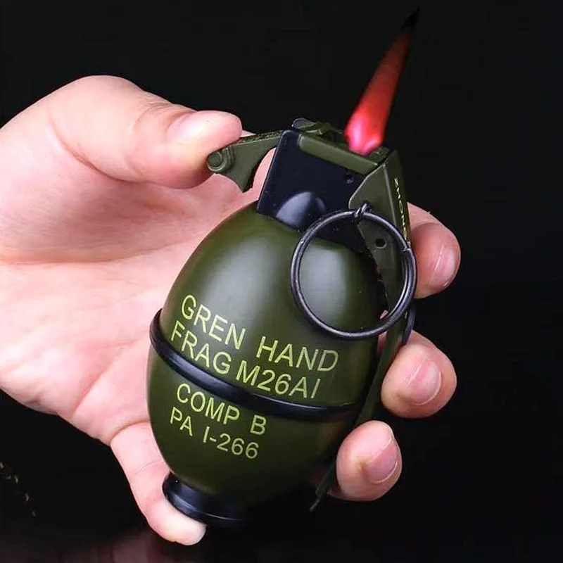 Creative Grenade-Shaped Torch Lighter, Metal Windproof Jet Flame Butane Lighter, Military Design Lighter with Keychain for Gifts
