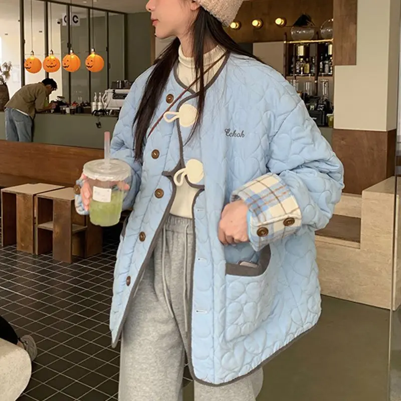 Cotton Clothes Check Sky Blue Padded Autumn Winter Assorted Colors Loose Casual Sweet Outerwear Korean Fashion Cotton Coat