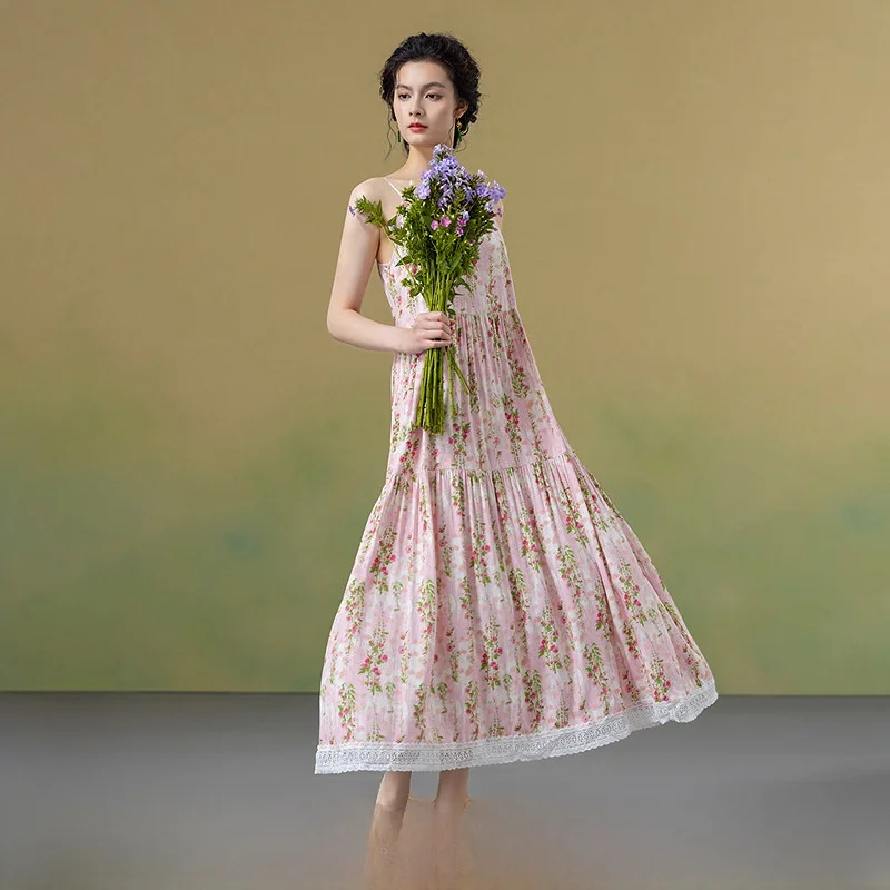 

Новое летнее женское платье миди с нежным принтом, свободного кроя, на бретельках, из вискозы, А-силуэт, для повседневной носки