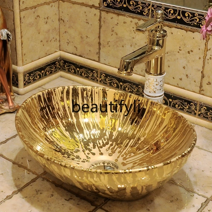 European style countertop basin oval small size ceramic art bathroom washbasin gold-plated basin